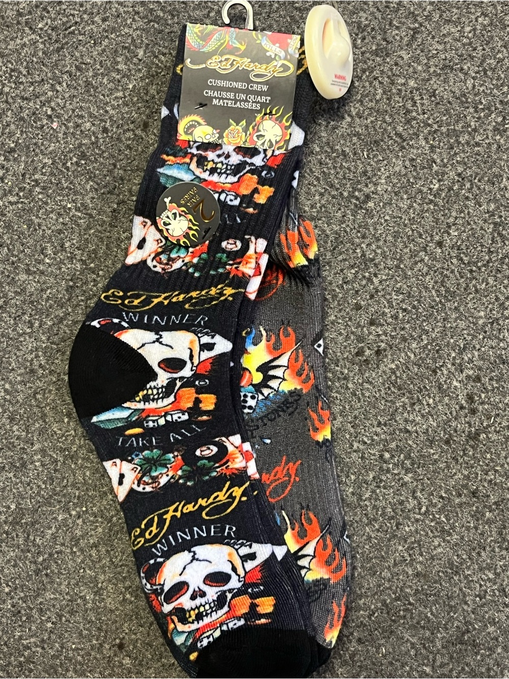 Ed Hardy Black Crew Socks with Multicolor Skull & Flame Motif